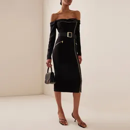 Casual Dresses Fashion Zipper Bandage Black Autumn Winter Slash Neck Off The Shoulder Long Sleeve Dress With Belt