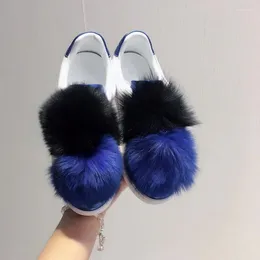 Casual Shoes Fornihapfirafs Blue Black Lovely Pompom Fur Embellished Low-Top Sneakers Women Leather Patchwork Mixed Colour