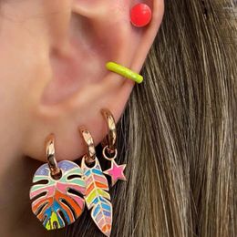 Hoop Earrings Bohemian Colorful Leaf Star Huggies Drop Set For Women Cute Enamel Hollowed Pendant Gold Color Jewelry