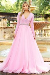 Party Dresses V Neck Long Sleeve Prom For Women Sparkly Sequin Formal Dress Tulle Ball Gown Sexy Evening Gowns