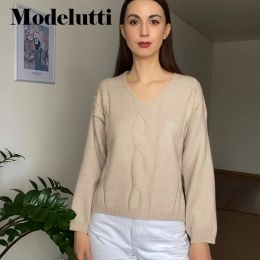 Sweaters Modelutti 2023 New Autumn Winter Fashion Woman Vneck Cable Knitted Sweater Pullover Solid Simple Casual Tops Female Jumper Chic