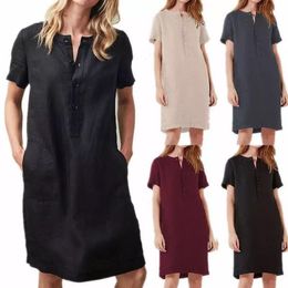 Cotton Linen Loose Short Sleeve Medium Length Female Dress 5 Colors Size 8