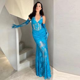 Casual Dresses Sexy Lace Fishtail Gown With Gloves Black Blue Halter V Neck Backless Semi-transparent Pleated Maxi Dress