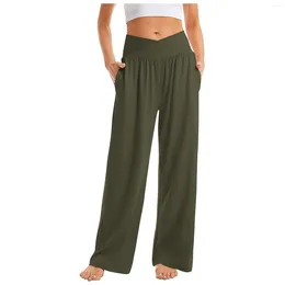 Women's Pants High Waist Summer Casual Solid Trousers Loose Wide Leg Straight Sports With Pockets Daily Home Yoga