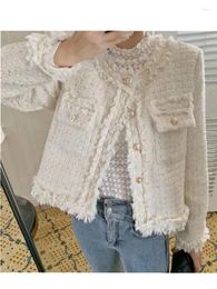 Women's Jackets 2024 Fashion Vintage Elegant Women Woolen Tweed Coat O-Neck Slim Short Korean Wool Blends Outwear Tops