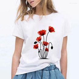 Women's T Shirts Beautiful Flower Printed Shirt Women Fashion O-Neck Woman Tshirt Kawaii Clothing Summer White Tops Short Sleeve Female