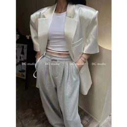 Chic Women Short Sleeve Satin Blazers Coat Faux Silk Suits Jacket OL Glossy Turn Down Collar Cardigan Crop Tops Outwear Abrigos 240417