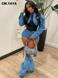 CM.YAYA Street Denim Womens Set Long Sleeve Mini Jacket and Jeans Shorts Summer Chic Two 2 Piece Set Outfits Tracksuit 240412