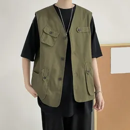 Men's Vests Men Cargo Waistcoat Collarless With Multi Pockets Solid Color Outdoor Vest Coat For Style Sports