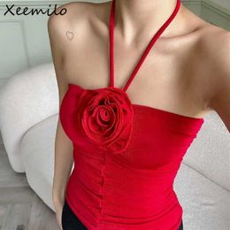 Women's Tanks Camis Xmilo Sexy Off Shoulder Halter Tank Top Aesthetic 3d Flower Tube Crop Tops 2023 Summer Sexy Slveless Pleated Skinny Camisole Y240420