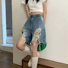 Women's Shorts MEXZT S-5Xl Denim Shorts Women High Waist Hole Jeans Shorts Summer Strtwear Korean Vintage Distressed Wide Leg Short Pants New Y240420