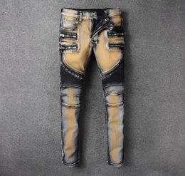 NEW Designer Men Jeans Gray Yellow Color Slim Fit Denim Motorcycle Pants High Street Bal Brand Biker Jeans Homme5811506