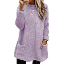 Women's Hoodies Women Long-sleeve Sweatshirt Cosy Double-sided Plush For Warm Mid Length Pullover With Loose Pockets Round Neck