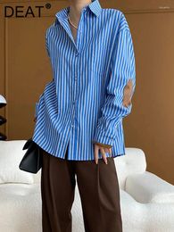 Women's Blouses Fashion Shirt Lapel Suede Splicing Blue White Striped Long Sleeve Single Breasted Blouse Spring 2024 7AB3223