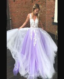 Cheap Charming Evening Dresses Sexy V Neck Lace Appliques Tulle Chiffon Sweep Train White Purple A Line Prom Dresses Dresses1436203