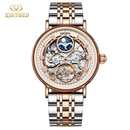 Kinyued Mens Luxury Skeleton Watch Automatic Mechanical Wrist Watches Luminous Multifunction Two Time Stainless Steel 240419