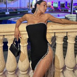 Casual Dresses Sexy Tassel Diamonds Party Club Mini Dress Women's Off The Shoulder Backless Side Split Bodycon For Female Elegant Solid