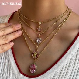 Pendant Necklaces 2021 New Pink Crystal Heart Portrait Pendant Necklace Set For Women Multilayered Golden Metal Twisted Chain Necklaces Y240420