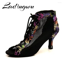 Dance Shoes Ladingwu Lacing Suede And Breathable Mesh Boots Soft Bottom Zipper Women's Sandals Latin Salsa Low-heele