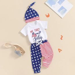 Clothing Sets My First 4th Of July Outfit For Infant Boys Letters Print Short Sleeves Romper Stars Stripes Pants Beanies Set