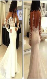 Sexy Sheer Neck Mermaid Prom Dresses with Lace Applique Sexy Open Back Cocktail Evening Gowns Chiffon Formal Party Dress5591377