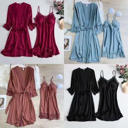 Sleepwear Women's Satin Sexy 2PCS Kimono Robe Set Women Nightwear Intimate Lingerie Lace Homewear Sleep Casual Blue Nightgown