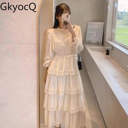 Casual Dresses GkyocQ Korean Chic Fall Women Dress French Elegant O Neck Lace Splicing High Waist Slim A Line Tiered Female Vestidos