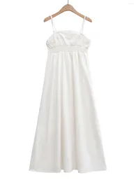 Casual Dresses XNWMNZ 2024 Women Fashion White Embroidered Dress Vacation Style Straight Neck Adjustable Thin Straps Female Midi