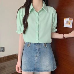 Women's Blouses Korean Style Student White Sweet Elegant Wooden Ear Polo Collar Single-Breasted All-Match Short Sleeve Shirt Top