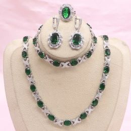 Sets 925 Silver Jewellery Sets for Women Green Semiprecious Bridal Jewellery Necklace Earrings Ring Bracelet Gift Box