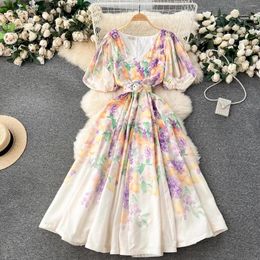 Casual Dresses Summer Holiday Floral Print Robe Dress Short Puff Sleeve V-Neck A-Line Belt Beach Party Vestidos Women Linen Maxi Clothes