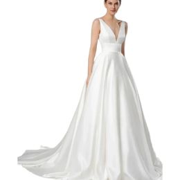 Classic Long Satin V-Neck Wedding Dresses With Pockets A-Line Ivory Pleats Sweep Train Bridal Gown Lace Up Back Vestido de novia Women Dresses