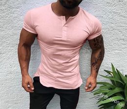 Men039s TShirts Stylish Plain Tops Men Shirt Short Sleeve Muscle Joggers Bodybuilding Male Clothes Slim Fit White Pink Tee8245094