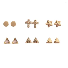 Stud Earrings Lovely Cute Gold Color Plating Triangle Cross Star Round Disc 6 Pairs Set For Women Girl Casual Chic Trendy Jewelry