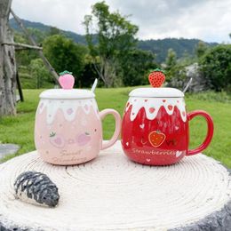 Mugs Strawberry Ceramic Coffee Mug Cute 500ML Drinkware Milk Oatmeal Cup With Spoon Tea Breakfast Women