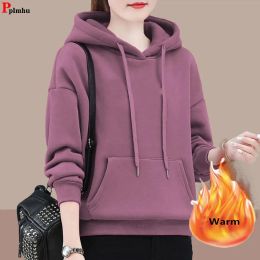 Dresses Winter Fall Add Velvet Hoodies Loose Warm Sweatshirt Pullovers Thick Oversize 80kg Tops Korean New Woman Long Sleeve Hooded