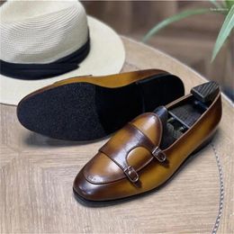 Dress Shoes Men Monk Loafers Shiny Real Leather Round Toe Flats Low Heel Double Buckle Business Casual Classic Comfortable