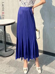 Skirts LANMREM Pleated Long For Women Elastic Waist Fold Hem Solid Colour Female Elegant Clothing 2024 Summer Spring 2R6864