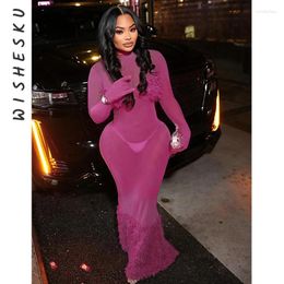 Casual Dresses Women Sexy Gloves Long Sleeve See Through Rose Red Mesh Dress 2024 Chic O-neck Hollow Out Bodycon Evening Party