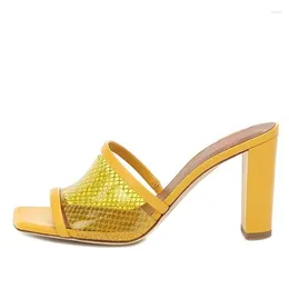 Slippers Shoes For Women Square Toe Ladies Yellow Sandals Slip On High Heels Shallow Cozy Sandalias Mesh PVC Pumps Leisure