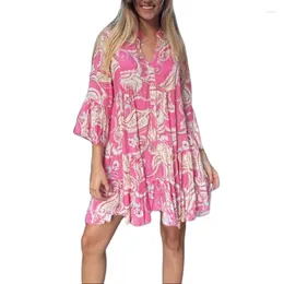 Casual Dresses Elegant Vintage Retro Floral Print Women Dress Spring Summer V Neck Flare Sleeve Beach Holiday Loose