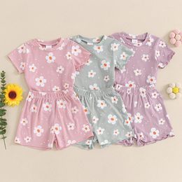 Clothing Sets Kids Baby Girls Summer Ribbed Short Sleeve Crewneck Floral Print T-shirts Elastic Waist Shorts Beach Outfits