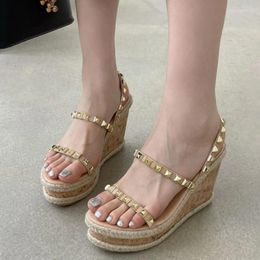 Dress Shoes Rivet Rome Women Sandals High Heels Buckle Strap Metal Rattan Weave Platform Wedges For Beach Cane Open Toe