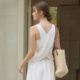 Women's Tanks Camis 100% Linen Top Women Casual Solid Back Cross Patchwork Tank Top Summer Tops Haut Femme WomenS Clothing Offer Fr Shipping Y240420