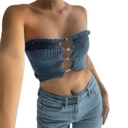 Women's Tanks Camis Xingqing Fairy Grunge Knitted Crop Top Strapless Hollow Out Tube Vest with Pearl Decor 2000s Women Crochet Tanks Strtwear Y240420