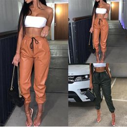 Women's Pants Pu Leather Skinny Leggings Loose Elastic Waist Drawstring Casual Oversized Crop Ladies Fashion Party Club Streetwear