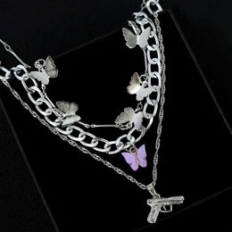 Pendant Necklaces Trendy Multi layer Cute Chunky Butterfly Charms Choker Necklace For Women Silver Color Small Gun Dragon Pendants Collar Jewelry Y240420