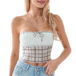 Women's Tanks Camis Xingqing Fairy Grunge Lace Trim Strapless Tube Top Plaid Print Off Shoulder Slveless Bandeau y2k Baby Ts Women Strtwear Y240420