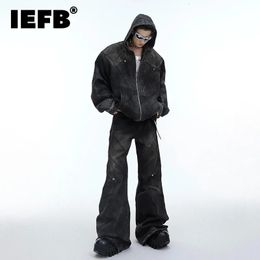 IEFB Autumn Winter Mens Denim Set Niche Heavy Vintage Shoulder Pads Hooded Denim Jacket Two Piece Baggy Wide Leg Jeans 9C3250 240412