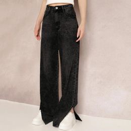 Women's Jeans Pants Slit Hem Street Cargo For Women Wash Water Denim Trousers High Waist Baggy